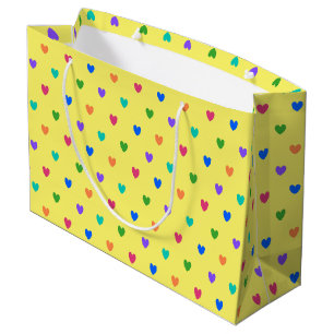 Grand Sac Cadeau Coeurs de polka arc-en-ciel sur jaune