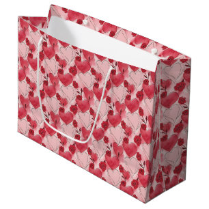 Grand Sac Cadeau Cœurs et roses rouge cramoisi et rose tendre
