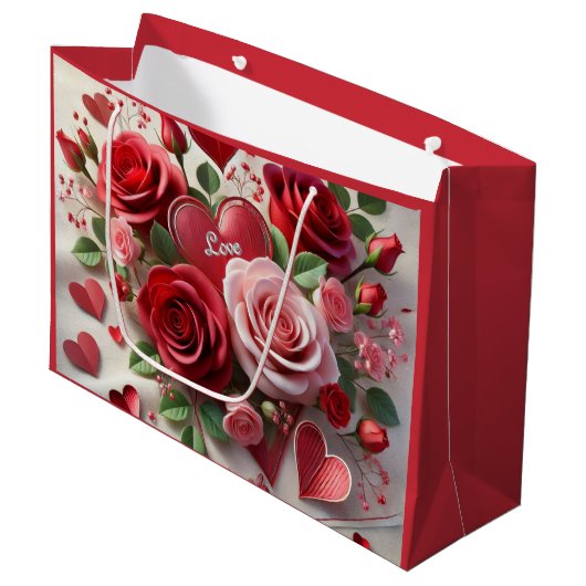 Grand Sac Cadeau Coeurs et roses rouges Saint Valentin (Devant Angle)
