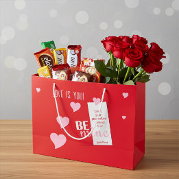 Grand Sac Cadeau Cœurs roses coquins personnalisés sur fond rouge p