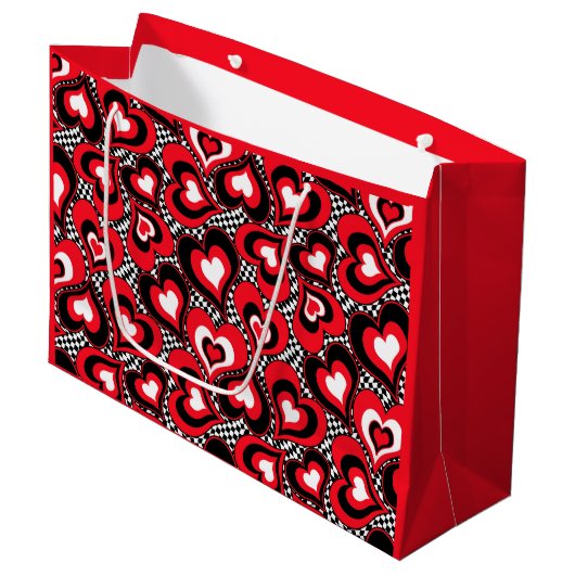 Grand Sac Cadeau Coeurs, rouge, noir, blanc, Saint Valentin. Grand (Devant Angle)