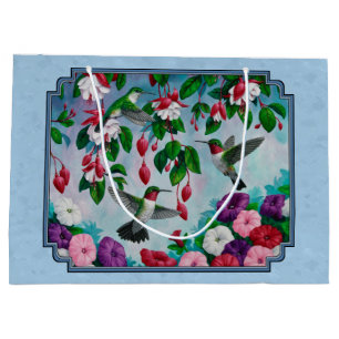 Grand Sac Cadeau Colibris et fleurs bleu