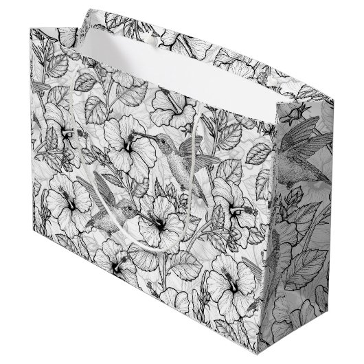 Grand Sac Cadeau Colibris et fleurs d'hibiscus b&w (Dos Angle)
