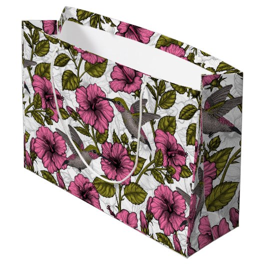 Grand Sac Cadeau Colibris et fleurs d'hibiscus roses (Dos Angle)