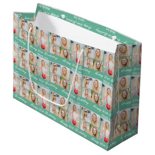 Grand Sac Cadeau Collage photo d'anniversaire vert mousse chic