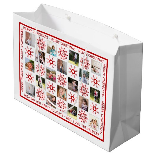 Grand Sac Cadeau Collage photo, flocons rouges et voeux de Noël (Dos Angle)