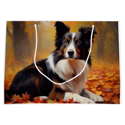 Grand Sac Cadeau Collie frontalier à l'automne Feuilles automne Ins (Devant)