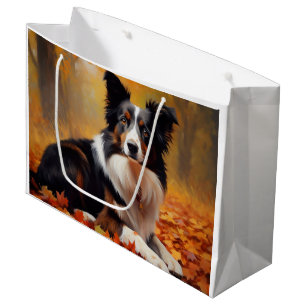Grand Sac Cadeau Collie frontalier à l'automne Feuilles automne Ins