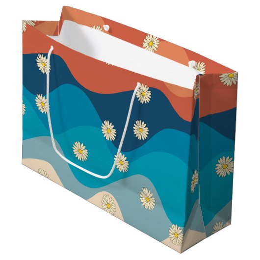 Grand Sac Cadeau Coloré Retro Waves & Daisies Motif (Devant Angle)