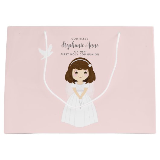 Grand Sac Cadeau Communion Dove Brunette Girl (Devant)