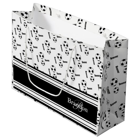 Grand Sac Cadeau Conception noire et blanche de ballon de football (Devant Angle)