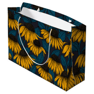 Grand Sac Cadeau Confleurs jaunes sur bleu foncé