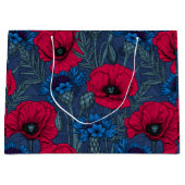 Grand Sac Cadeau Coquelicots rouges et fleurs bleues sur bleu (Devant)