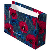 Grand Sac Cadeau Coquelicots rouges et fleurs bleues sur bleu (Devant Angle)