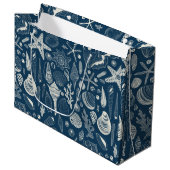 Grand Sac Cadeau Coques de mer sur bleu foncé (Devant Angle)