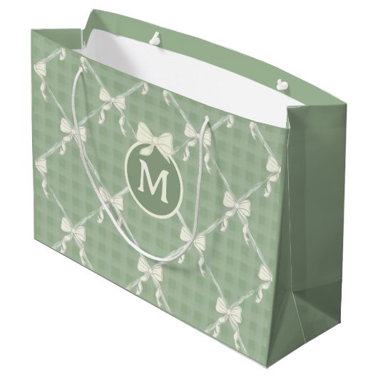 Grand Sac Cadeau Coquette Bows Gingham Monogram Cream Sage Green  (Dos Angle)