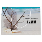 Grand Sac Cadeau Coquillages blancs sur une plage tropicale Anniver (Devant)