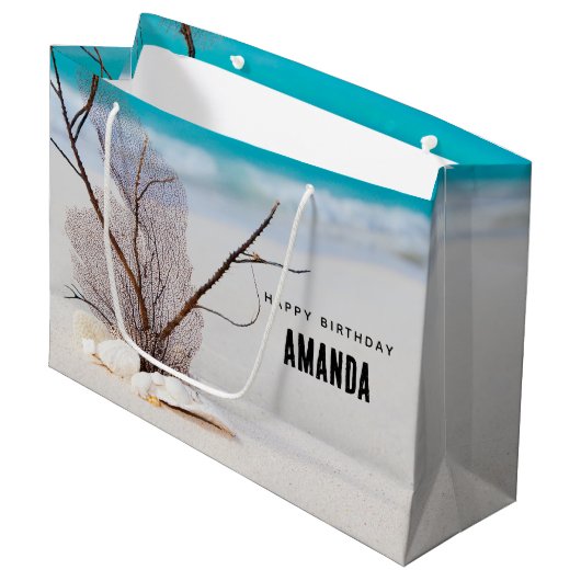 Grand Sac Cadeau Coquillages blancs sur une plage tropicale Anniver (Devant Angle)