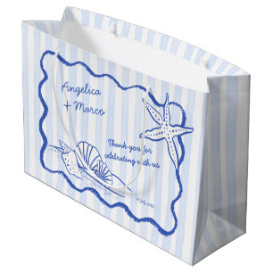 Grand Sac Cadeau Coquillages bleu ondulé bordé plage mariage bienve