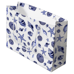 Grand Sac Cadeau Coquillages bleus et blancs