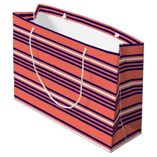 Grand Sac Cadeau Corail, bleu marine et blanc cinq bandes motif