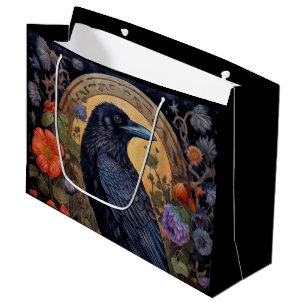 Grand Sac Cadeau Corbeau noir avec fleurs Design gothique
