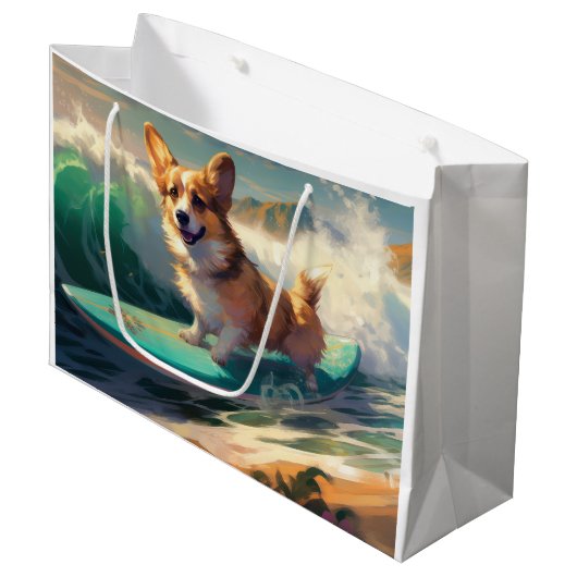 Grand Sac Cadeau Corgi Beach Surf Peinture (Devant Angle)