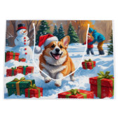 Grand Sac Cadeau Corgi coule en neige avec Casquette de Noël (Devant)