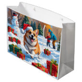Grand Sac Cadeau Corgi coule en neige avec Casquette de Noël (Dos Angle)