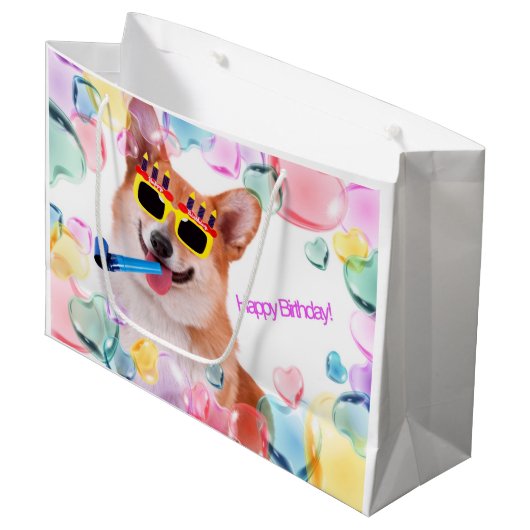 Grand Sac Cadeau Corgi de joyeux anniversaire (Devant Angle)