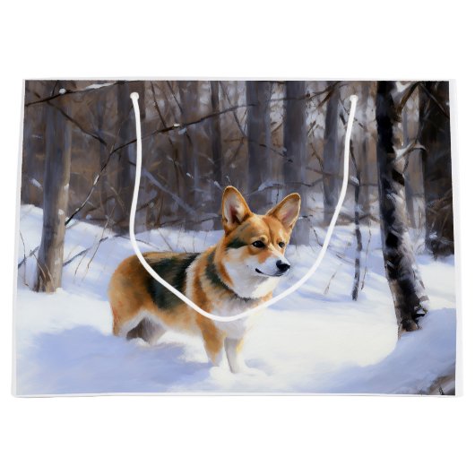 Grand Sac Cadeau Corgi laisse neiger Noël (Devant)