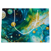 Grand Sac Cadeau Cosmos d'encre d'alcool bleu vert or (Devant)