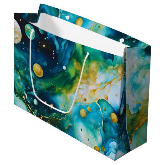 Grand Sac Cadeau Cosmos d'encre d'alcool bleu vert or (Devant Angle)