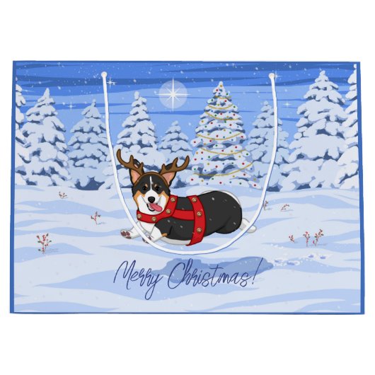 Grand Sac Cadeau Costume de renne de Noël Corgi noir mignon (Devant)