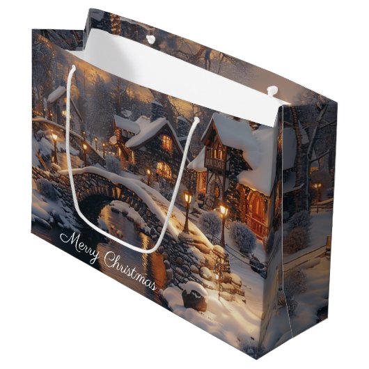 Grand Sac Cadeau Cosy Village de Noël scène d'hiver (Devant Angle)