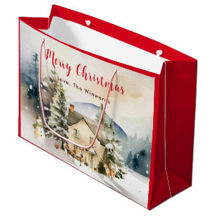 Grand Sac Cadeau Cottage de vacances d'hiver Joyeux Noël