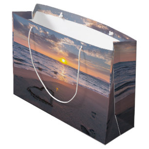 Grand Sac Cadeau Coucher de soleil chic sur la plage avec un cœur d