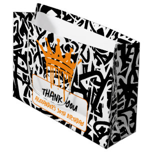 Grand Sac Cadeau Couronne de graffiti orange noir Anniversaire Merc
