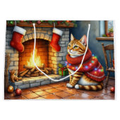 Grand Sac Cadeau Cozy Abyssinian Cat by Fireplace Christmas Lights (Devant)