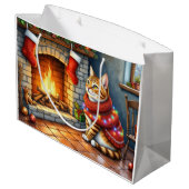 Grand Sac Cadeau Cozy Abyssinian Cat by Fireplace Christmas Lights (Dos Angle)