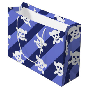 Grand Sac Cadeau Crâne blanc et os croisés sur bandes bleues