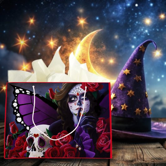 Grand Sac Cadeau Crâne sucre Roses rouges pourpre