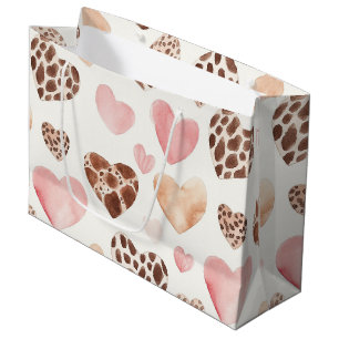 Grand Sac Cadeau Crème Brown rose Leopard Coeurs animaux Anniversai