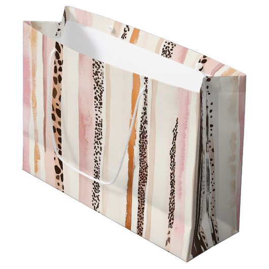 Grand Sac Cadeau Crème rose Empreinte de léopard rayures Anniversai (Devant Angle)