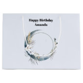 Grand Sac Cadeau Crescent Bleu Lune aux fleurs blanches Anniversair (Devant)