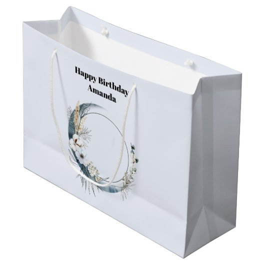 Grand Sac Cadeau Crescent Bleu Lune aux fleurs blanches Anniversair (Devant Angle)