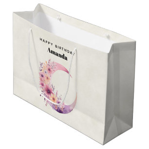 Grand Sac Cadeau Croissant de lune rose avec de jolies fleurs