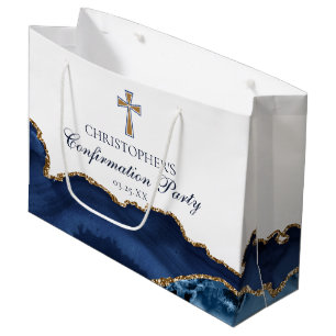 Grand Sac Cadeau Croix de Confirmation Élégante Bleu Marine Or Fête