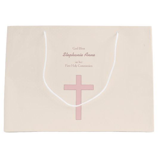 Grand Sac Cadeau Croix de rose en pastel de communion (Devant)