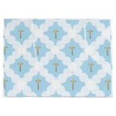 Grand Sac Cadeau Croix d'or bleu Baptême moderne (Devant)